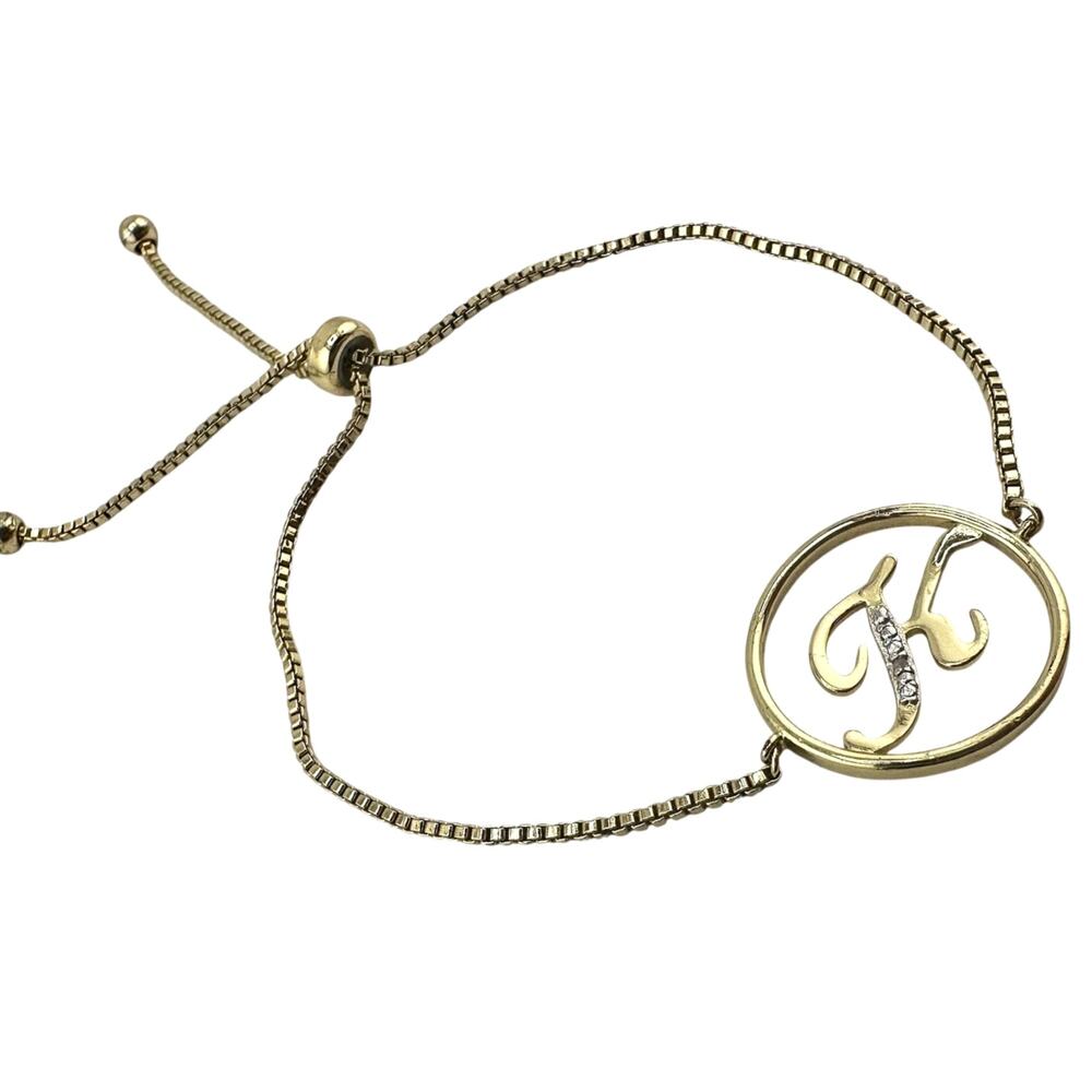 Real Diamond Initial K Elegant Gold Tone Bolo Adjustable Box Chain Bracelet